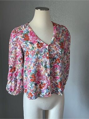 Lush Multicolor Floral Button-Front Blouse in Pink, Orange, Blue